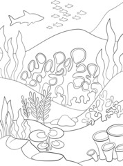 Coloring Pages. Underwater landscape. At the bottom there are stones and various algae grow. Fish and other marine animals swim in the water.