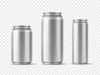 Tin drink cans. Realistic aluminum jars. 3D packaging for beer soda and energy carbonated beverages. Soda bottle. Blank steel container layout. Different sizes. Vector packages set