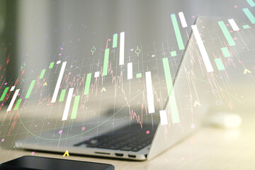 Multi exposure of abstract creative financial chart on computer background, research and analytics concept