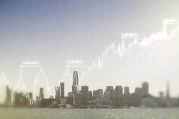 Multi exposure of virtual abstract financial diagram on San Francisco office buildings background, banking and accounting concept