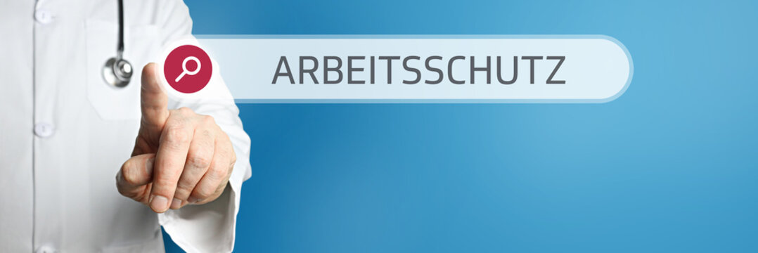 Arbeitsschutz (Arbeitssicherheit). Arzt zeigt mit Finger auf Suchfeld im Internet. Text steht in der Suche. Blauer Hintergrund. Medizin, Gesundheitswesen