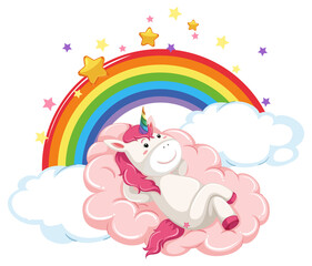 Pink unicorn lying on a cloud with rainbow
