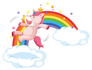 Pink unicorn jumping on a cloud with rainbow
