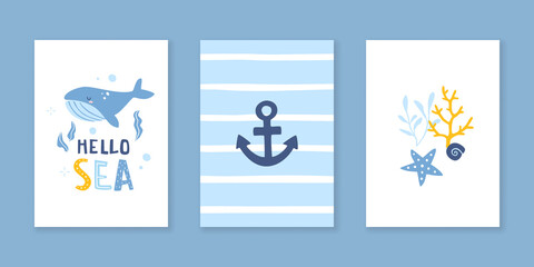 Sea baby poster collection with whale for nursery. Marine vector prints set with lettering.
