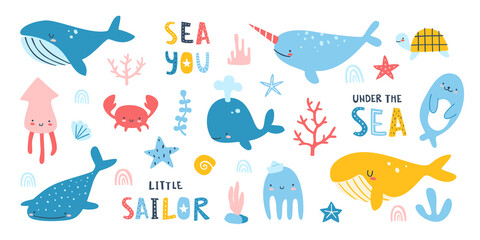 Marine life colorful baby vector set. Collection of cartoon sea underwater cute animals and plants.