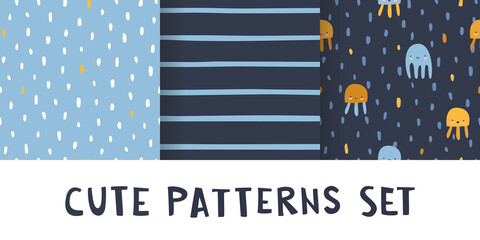 Cute hand drawn sea baby patterns collection. Set of underwater smiling octopus and jellyfish print with complementary geometric ornaments. © Sonium_art