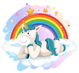 Blue unicorn lying on a cloud with rainbow