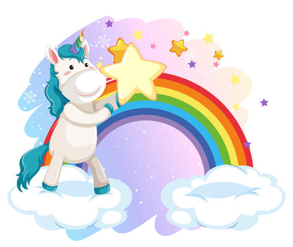 A little unicorn holding a star in pastel sky