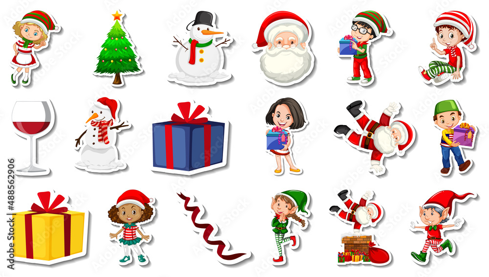 Sticker Set of Christmas objects and cartoon characters