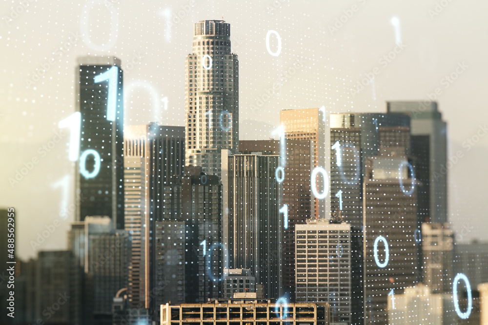 Aufkleber abstract virtual binary code sketch on los angeles office buildings background, hacking and matrix c