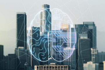 Virtual creative artificial Intelligence hologram with human brain sketch on Los Angeles skyline background. Multiexposure