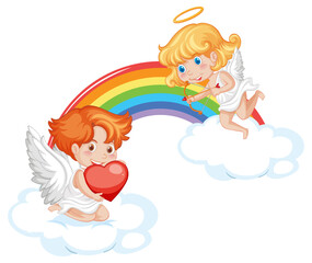 Angel boy and girl cartoon character with rainbow