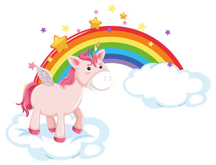 Pink pegasus standing on a cloud with rainbow