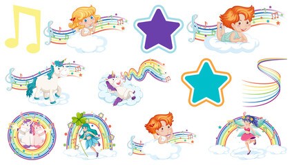 Fototapeta premium Set of fantasy fairies and cupids with rainbow elements
