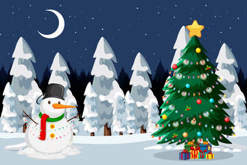 Christmas snowman and decorated tree in the snow at night scene