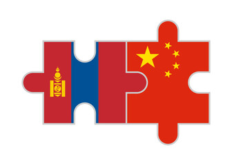 puzzle pieces of mongolia and china flags. vector illustration isolated on white background	
