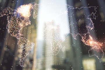 Multi exposure of abstract creative digital world map hologram on modern skyscrapers background, research and analytics concept