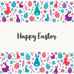 Fototapeta na wymiar Easter composition with colourful bunnies, eggs and flowers. Greeting card. Vector