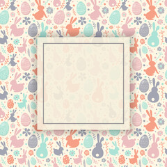 Empty Easter background with colourful eggs, bunnies and flowers. Template of postcard. Vector