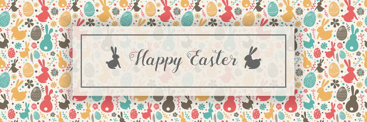 Cute bunnies, eggs and flowers on background with Happy Easter wishes. Banner. Vector