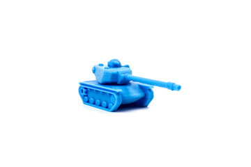Toy tank of blue color. Close-up of little plastic ABS model. Blue filament. Objects printed by 3d...