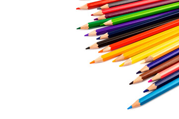 Many multicolored pencils, isolated on white background with copy space. Art and education background.