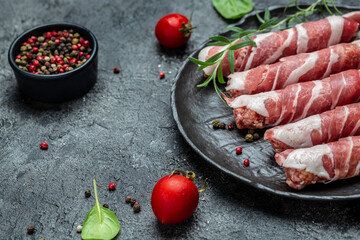 Kofta kebab or chevapchichi. sausages minced meat wrapped in bacon. Healthy fats, clean eating for weight loss