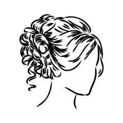 Woman with stylish classic bun with perfect eyebrow shaped and full. Illustration of business hairstyle with natural long hair.