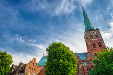 Fototapeta premium Tower of St Jacobs church in the historical city of Lubeck, Germany.