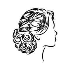 Woman with stylish classic bun with perfect eyebrow shaped and full. Illustration of business hairstyle with natural long hair.