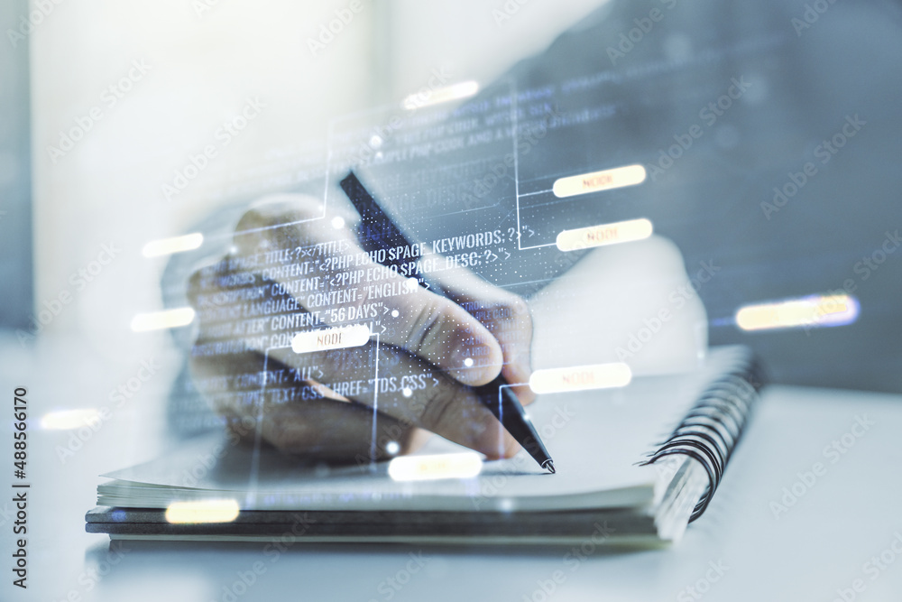 Poster double exposure of abstract programming language with man hand writing in notebook on background, re
