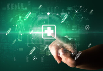 Doctor hand pressing futuristic health device with medical symbol on screen