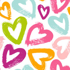 Vector pattern with hand-drawn brush strokes hearts. Seamless background in bright colors. - 488566509