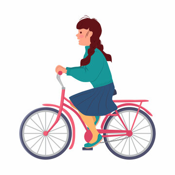 Little girl in a skirt and a sweater rides a pink bicycle. Illustration in flat style on a white background