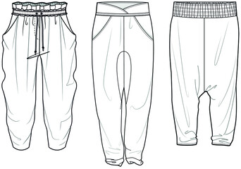 Harem Pant, Loose Fit Baggy Pant Fashion Illustration, Vector, CAD, Technical Drawing, Flat Drawing.	