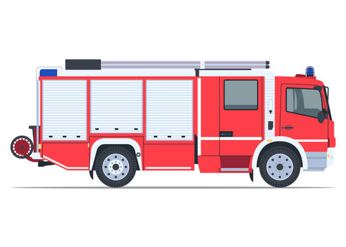 Fire Truck Side View Flat Illustration 