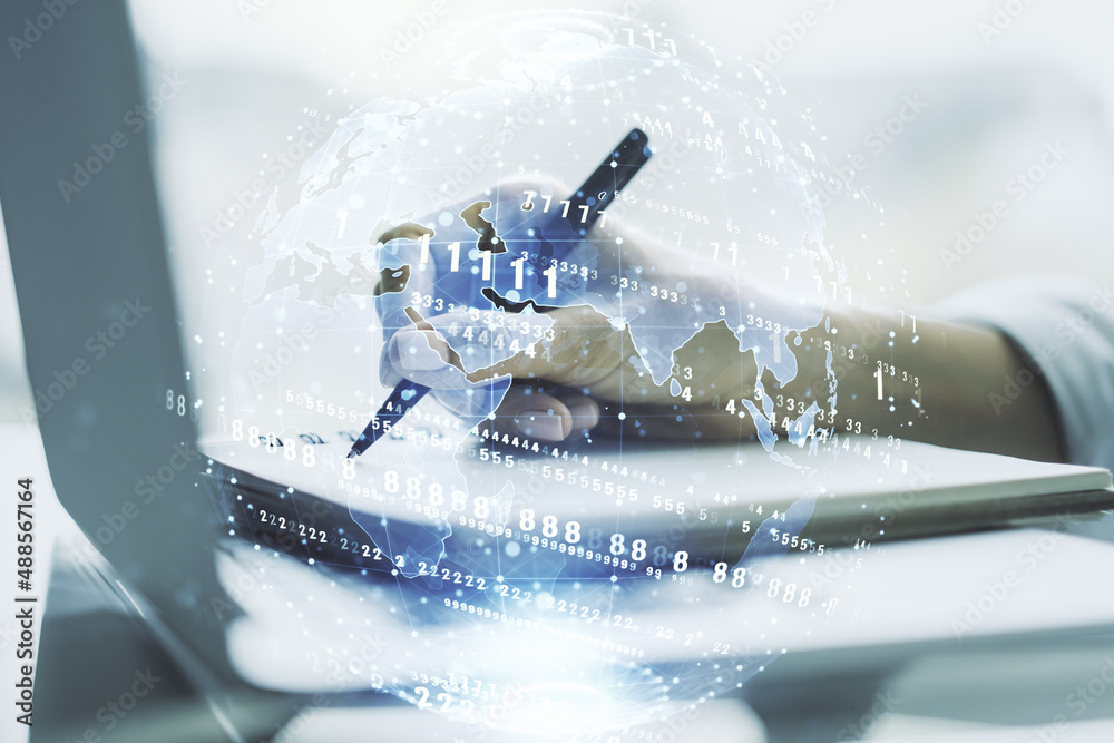 Poster multi exposure of abstract software development hologram with world map and hand writing in notebook