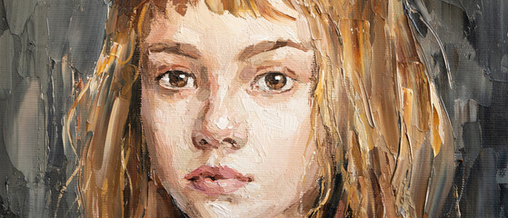 Fragment of art painting. Portrait of a girl with blond hair is made in a classic style. .A woman's...