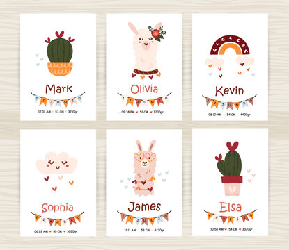 Newborn metrics collection. Baby shower invitation posters with cute llamas for girl and boy.