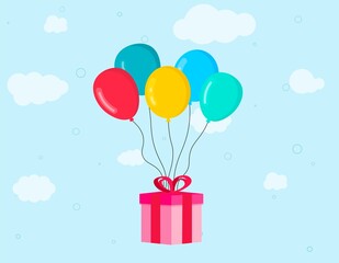 Gift box on colorful balloons. Congratulations on birthday, wedding.
Bright postcard, blue sky with clouds.
Vector illustration.