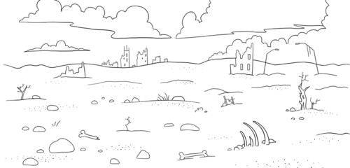 Wasteland view. Post apocalypse line sketch. Draught environment. Vector illustration.