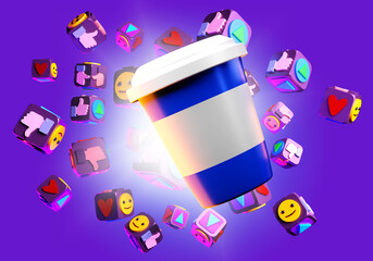 Blogging and social networking. Cup of coffee next to emoji. Cubes with like symbol. Marketing in social networks. Blog promotions. Online advertising SMM metaphor. Internet promotions. 3d rendering.