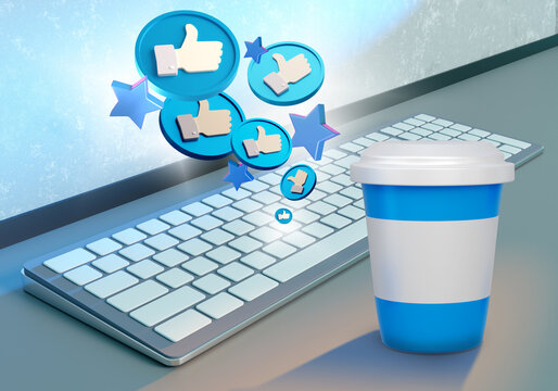 Cup of coffee and keyboard. Symbol like and favorites as metaphor for social networks. Social media marketing concept. Promoting products on social media. Banner on theme internet marketing. 3d image