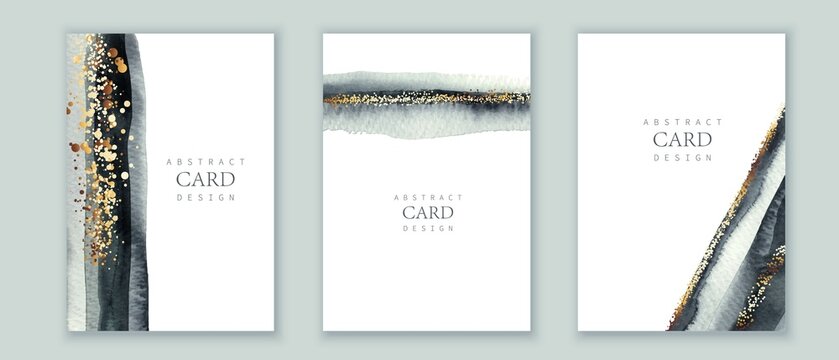 Festive elegant black, white, grey watercolor background. Golden gradient dots, confetti. Monochrome brush strokes