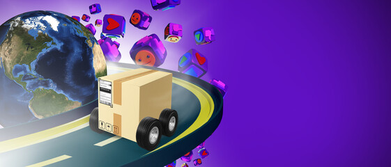 Ordering goods with delivery Concept. Box with wheels on road. International delivery. Sale of goods Online. Online shopping. Copy space on purple. 3d rendering of planet Earth, elements from NASA