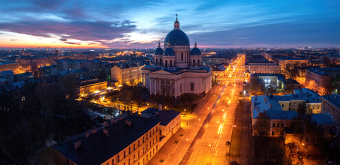 Saint Petersburg church. Russia panorama. Trinity-Izmailovsky Cathedral in summer evening. Evening Petersburg. Izmailovsky Cathedral view from quadrocopter. Saint Petersburg travel. Russia religion