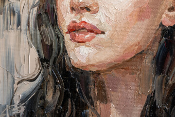 Fragment of art painting. Portrait of a girl with blond hair is made in a classic style. .A woman's face with red lips.