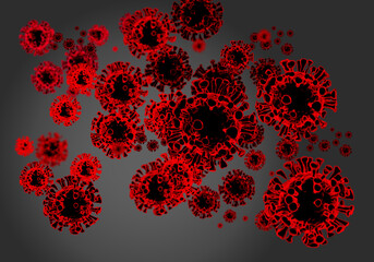 Coronavirus background. Covid-19 bacteria on grey. Infection of blood with new pandemic strain. Omicron Delta plus diseases. SARS-CoV-2 epidemic background. Coronavirus molecule. 3d image.