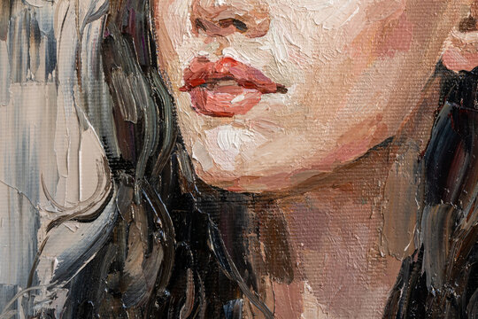Naklejki Fragment of art painting. Portrait of a girl with blond hair is made in a classic style. .A woman's face with red lips.