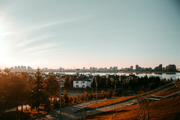 the city at sunset in autumn